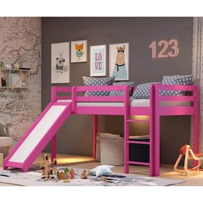 Cama Alta Kids com Escorregador em Madeira Maciça - Rosa