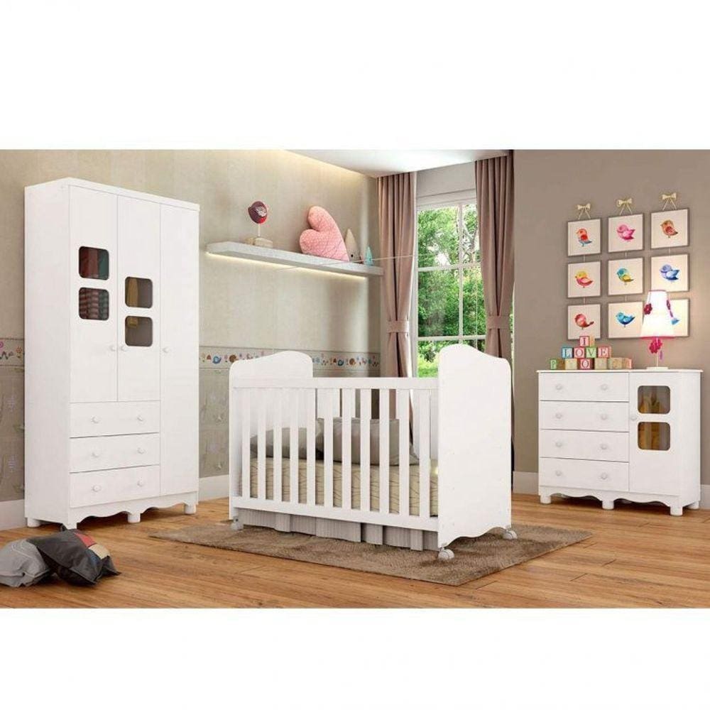 Jogo de Quarto Infantil Completo Nuvem com Guarda Roupa 4 Portas, Cômoda 1  Porta e Berço 2 em 1 Branco - Phoenix Baby - Quarto Completo - Magazine  Luiza