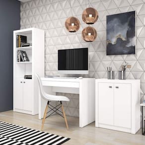 Conjunto Home Office com Mesa, Estante 2 Portas e Balcão 2 Portas Espresso Móveis Branco