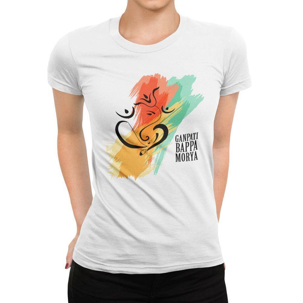 Camiseta ECF Feminina Ganpati Bappa Morya Manga Curta Branca Poliester