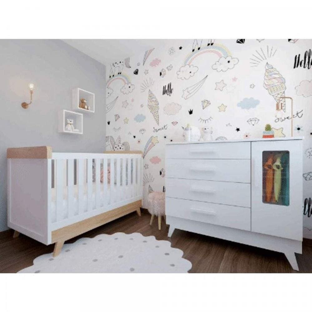 Quarto de Bebê Completo Berço Mini Cama com Cômoda e Nichos Luna Espresso Móveis Branco Brilho/Carvalho