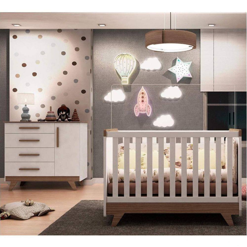 Quarto Infantil Retrô com Berço Mini Cama e Cômoda Espresso Móveis Branco Brilho/Carvalho