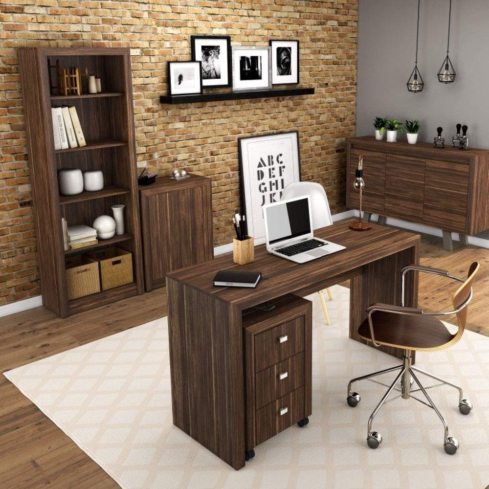 Conjunto Home Office com Mesa, Gaveteiro, Estante, Balcão 2 Portas e Balcão 3 Portas Espresso Móveis Nogal