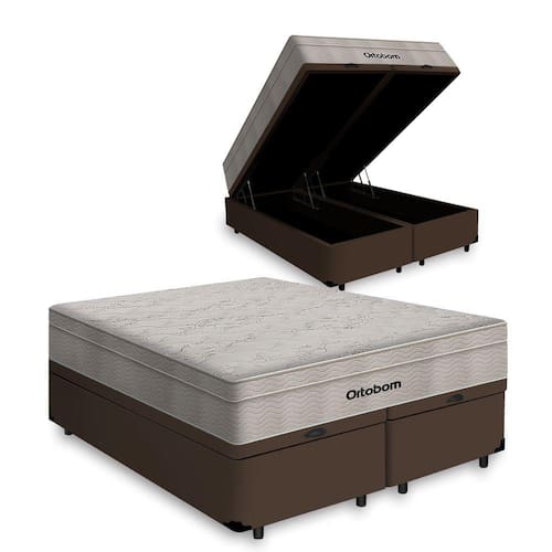imagem-Cama Box Baú Queen Marrom + Colchão De Molas Ensacadas - Ortobom - AirTech SpringPocket 158x198x72cm
