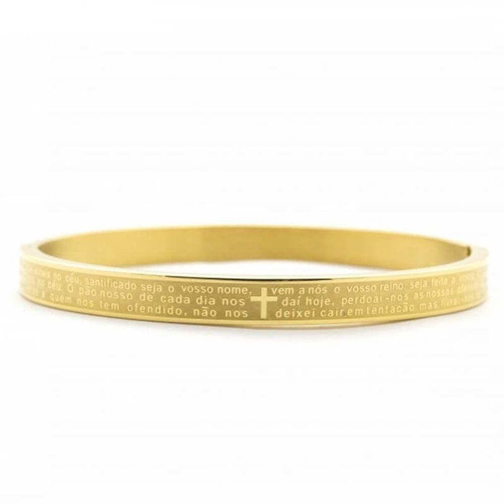 Bracelete Masculino Aço Oração Pai Nosso Banho de Ouro 18K
