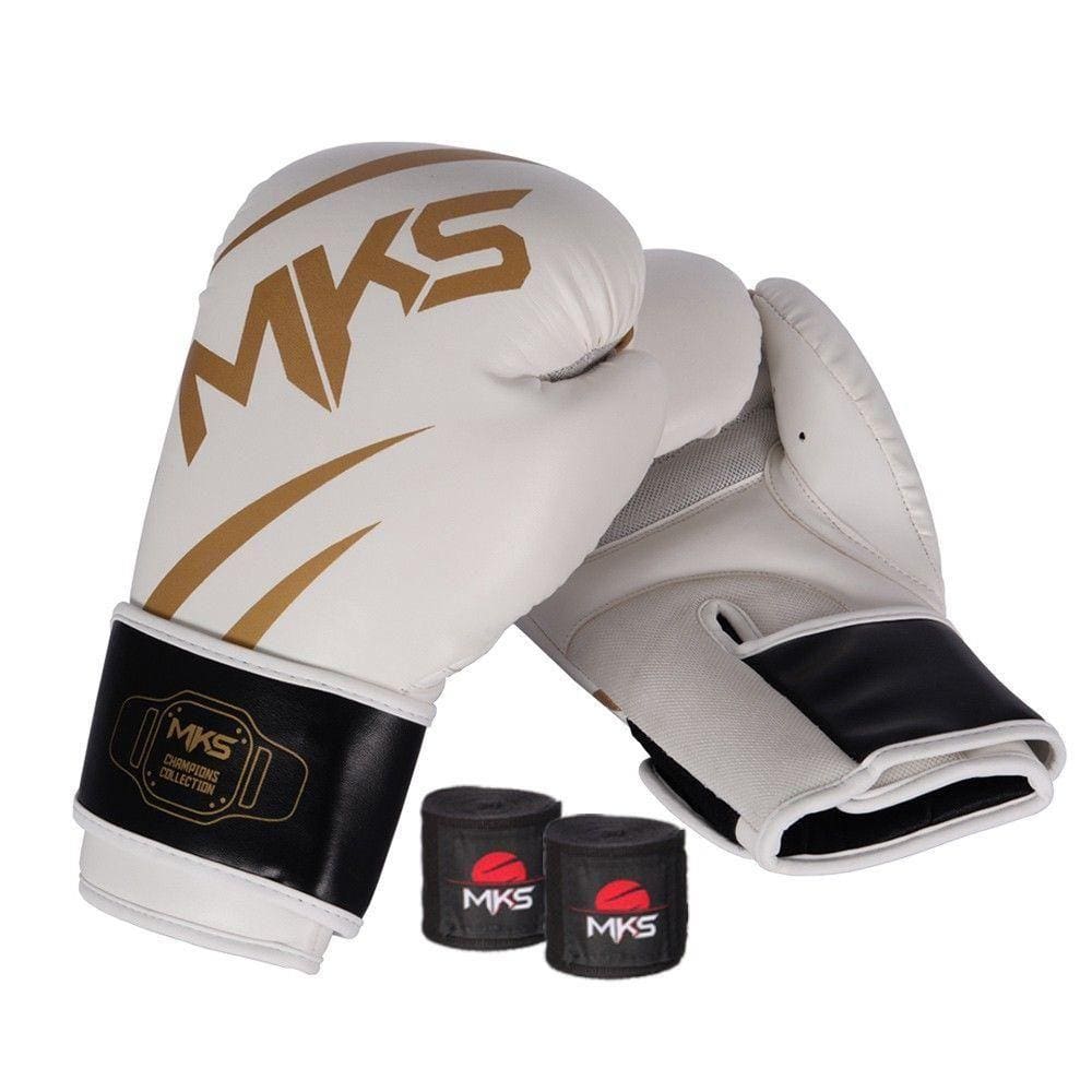 Kit Luva Mks Champions V3 Branco/dourada Bandagem 2,55m 16Oz