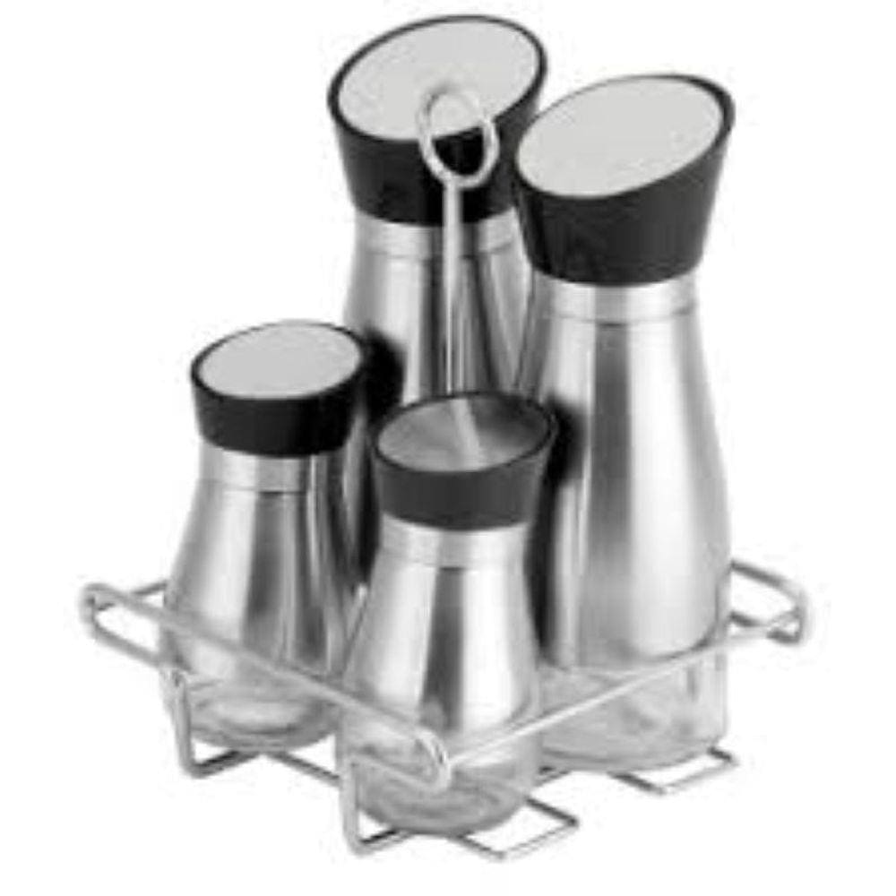 Galheteiro porta tempero de mesa inox e vidro tampa giratória