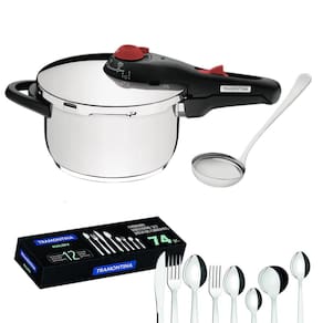 Kit Panela de Pressão Tramontina Solar Havana Inox 4,5 + Concha inox + Faqueiro Malibu 74 peças