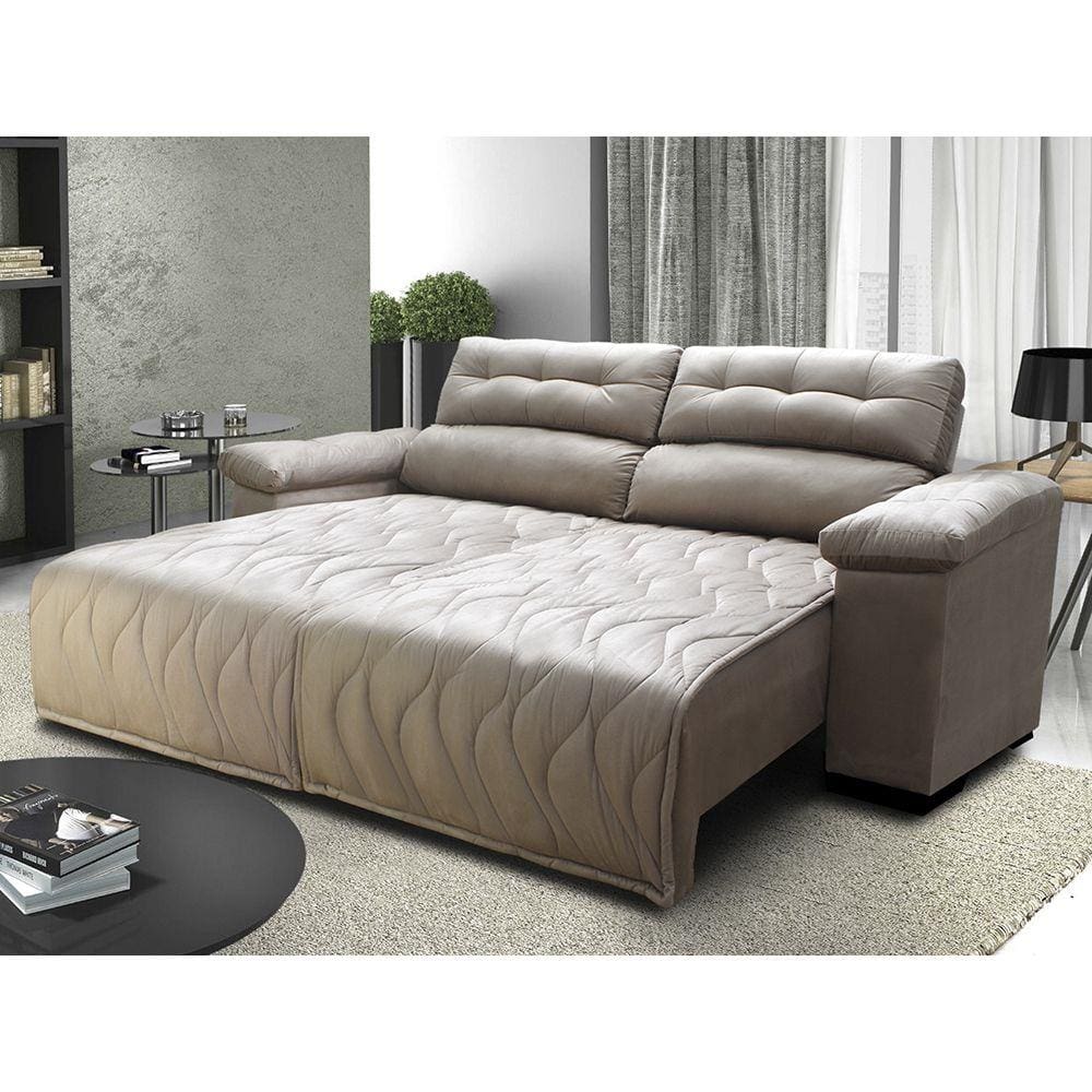 Sofá 2,42m Retrátil e Reclinável com Molas Cama inBox Top Tecido Suede Velusoft Bege