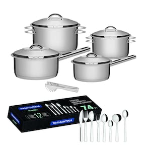 Kit Jogo de Panelas Tramontina Aço Inox Solar 4 peças com pegador de massa + Faqueiro Aço Inox Tramontina Malibu 74 peças