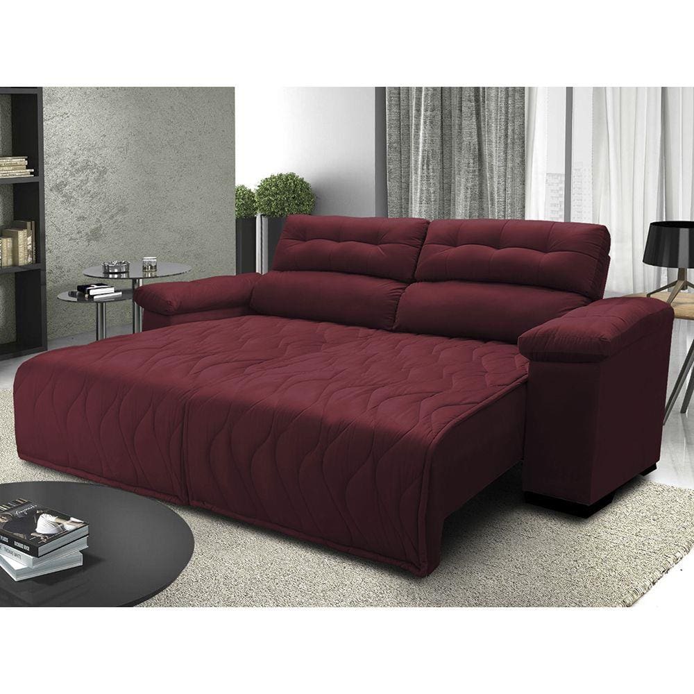 Sofá 2,32m Retrátil e Reclinável com Molas Cama inBox Top Tecido Suede Velusoft Vinho