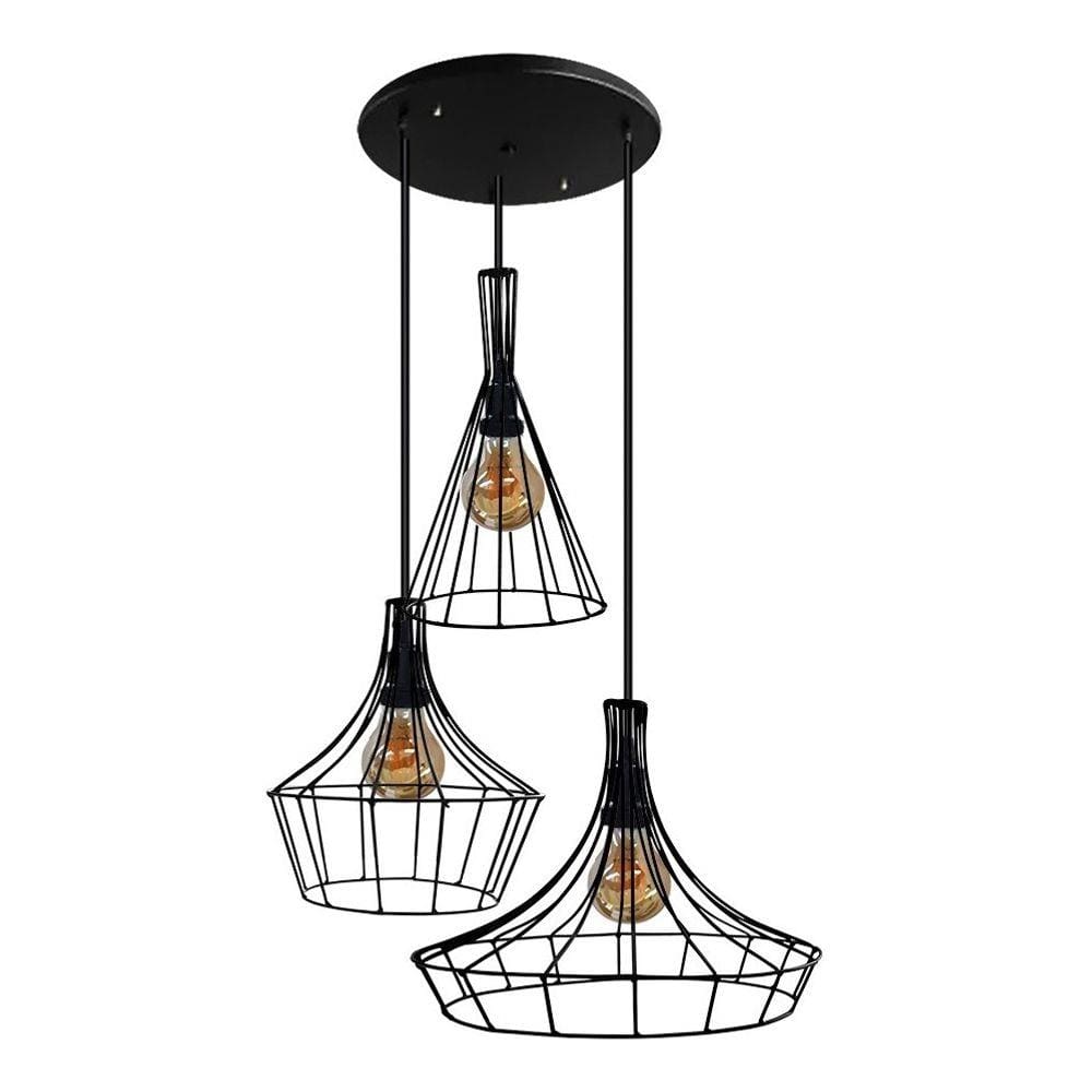 Trio com 3 Lustres luminária Pendente Modelo Aramado Preto