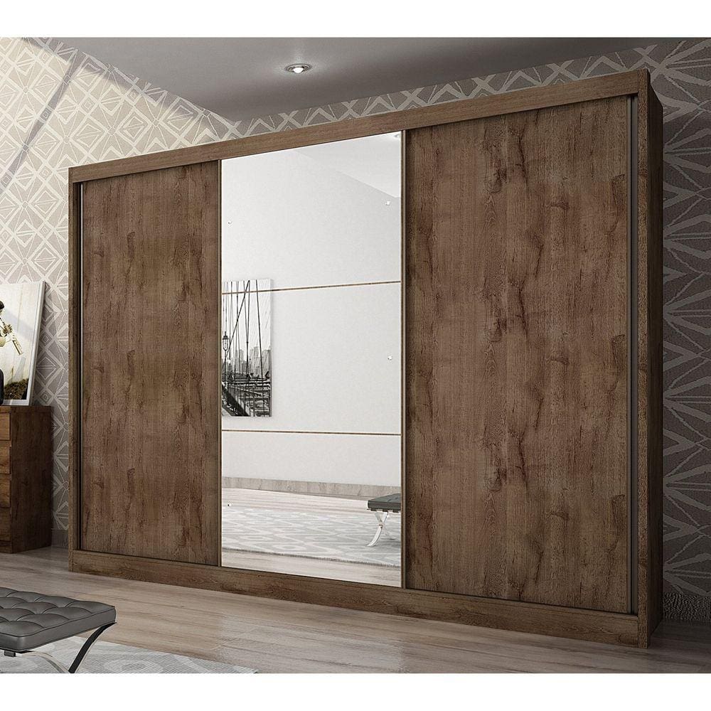 Guarda-Roupa Casal com Espelho 3 Portas 8 Gavetas Spazzio Yescasa Canela