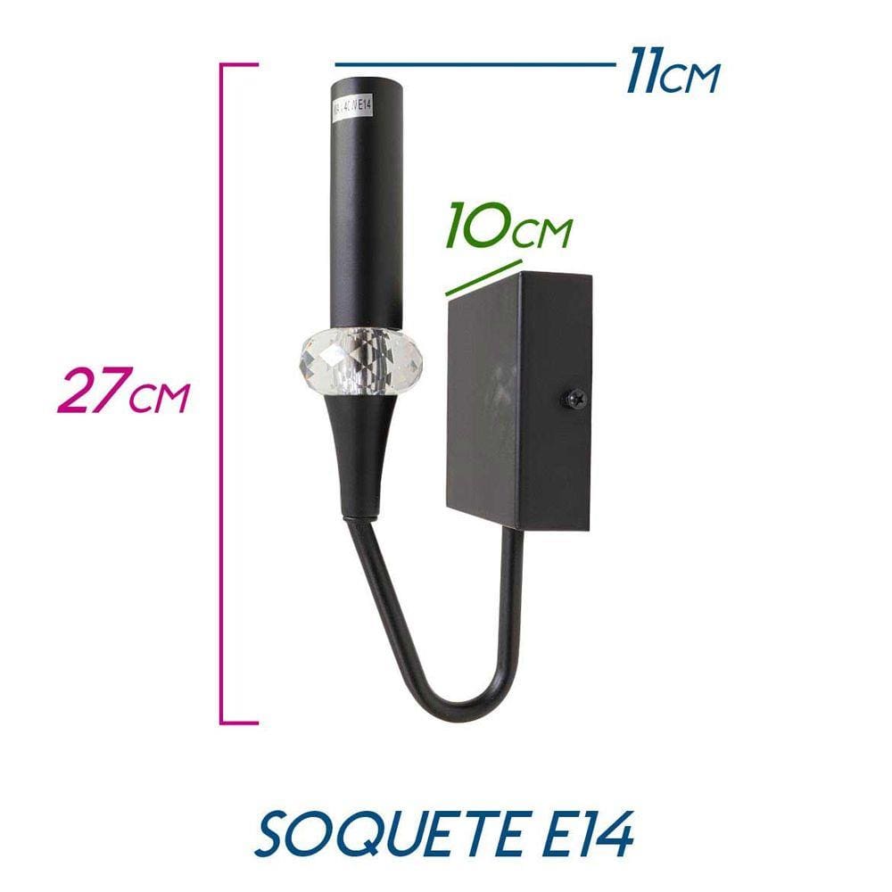 Arandela Preta Tocha Com Cristal + Led Vela Âmbar 110V ST1857