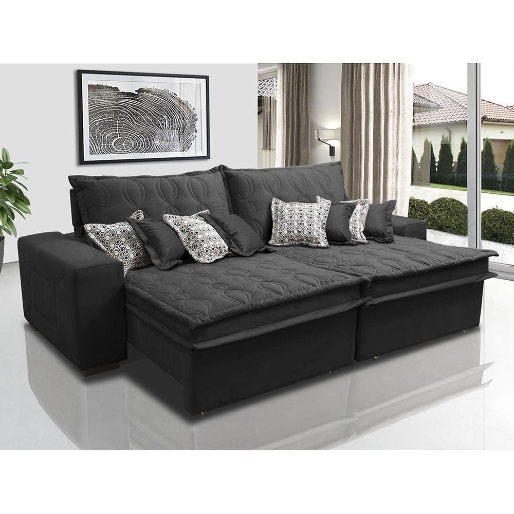 Sofá Retrátil e Reclinável 3,12m com Molas Ensacadas Cama Inbox Supreme Tecido Suede Velusoft Preto
