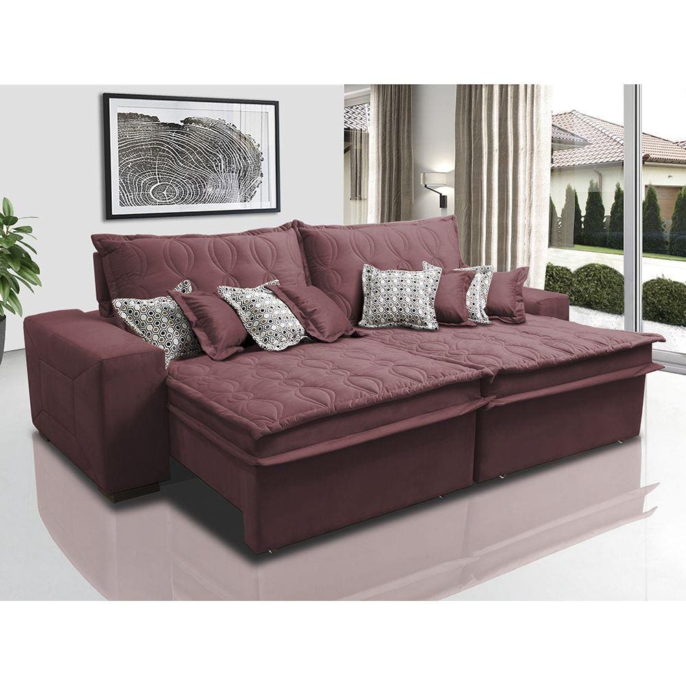 Sofá Retrátil e Reclinável 3,12m com Molas Ensacadas Cama Inbox Supreme Tecido Suede Velusoft Vinho