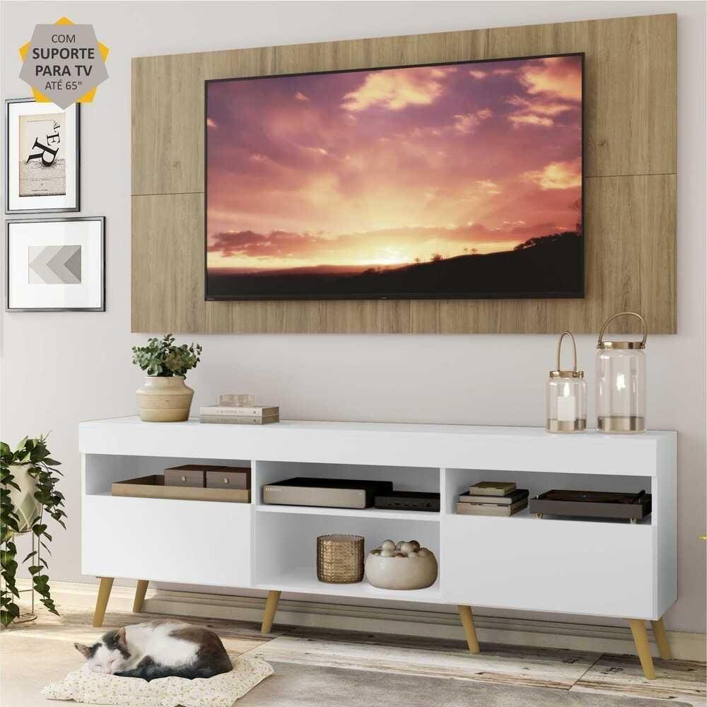 Rack c/ Painel e Suporte TV 65" Branco/Rustic Londres Multimóveis Pés Retrô Natural