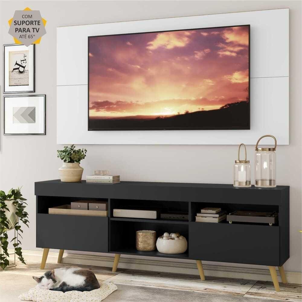 Rack c/ Painel e Suporte TV 65" Preto/Branco Londres Multimóveis Pés Retrô Natural