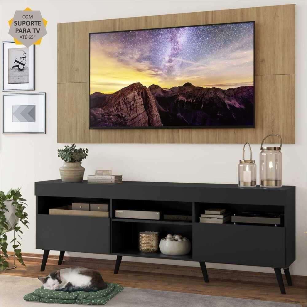 Rack c/ Painel e Suporte TV 65" Preto/Rustic Londres Multimóveis Pés Retrô Preto