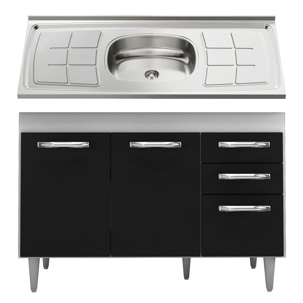 Balcão Gabinete Suécia com Pia Inox 120cm 3 Portas Branco/Preto - Lumil Móveis
