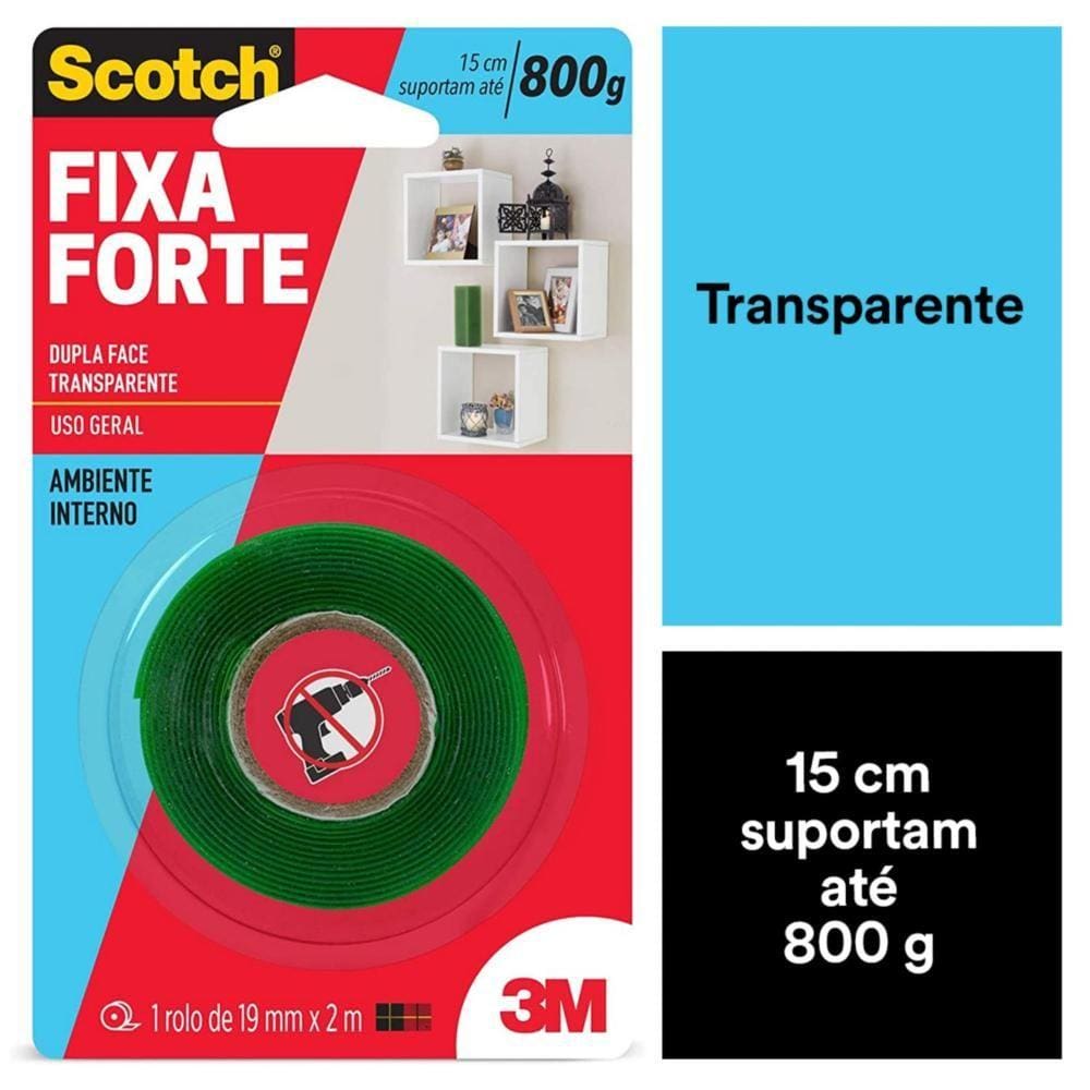 Fita Dupla Face 3M Scotch Fixa Forte Transparente - 19 mm x 2 m