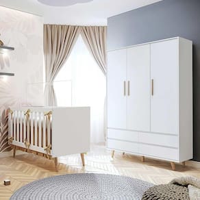 Conjunto Infantil Guarda Roupa 3 Portas Lorena, Berço Mini Cama Ludmila Branco Fosco Bétula Carolina Baby