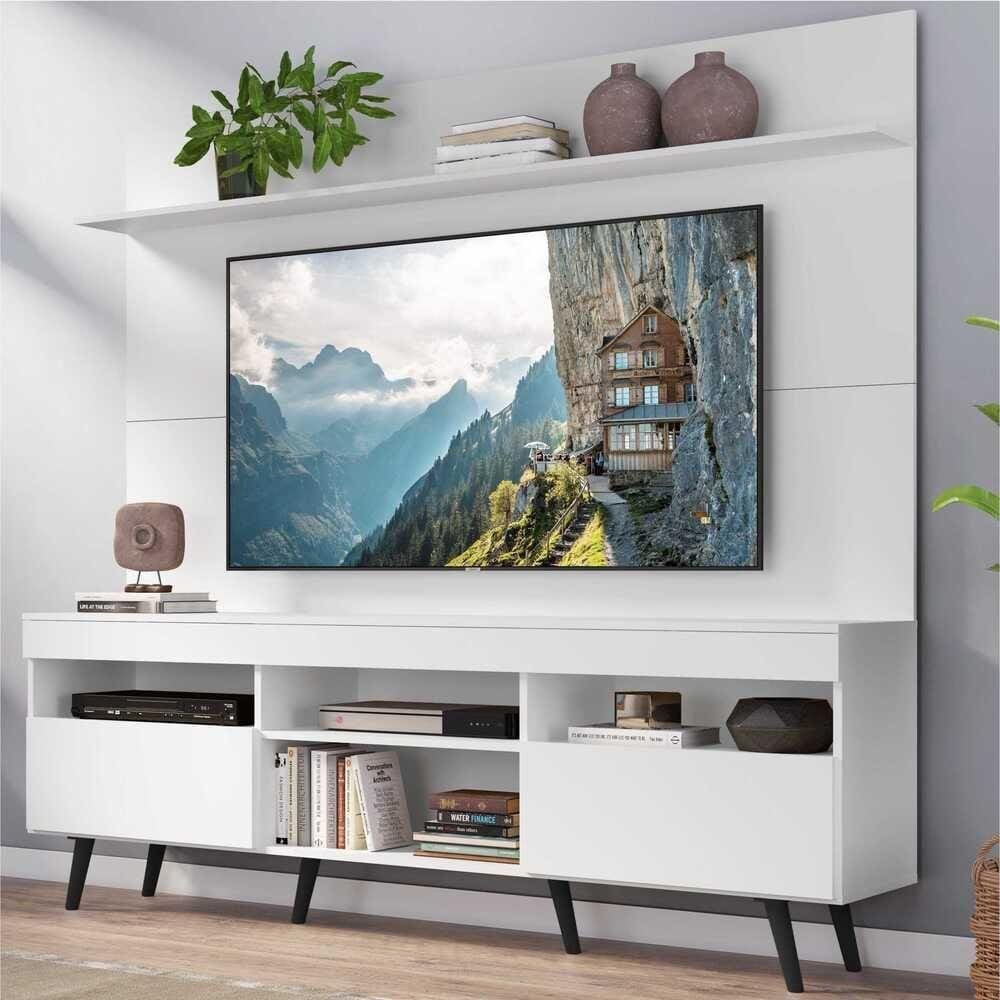 Rack com Painel TV 65" Madri Multimóveis Pés Retrô e Prateleira Branco/Preto