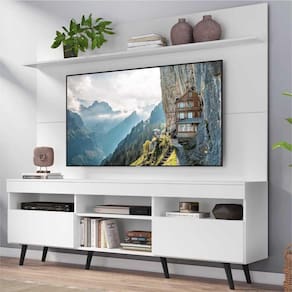 Rack com Painel TV 65" Madri Multimóveis Pés Retrô e Prateleira Branco/Preto