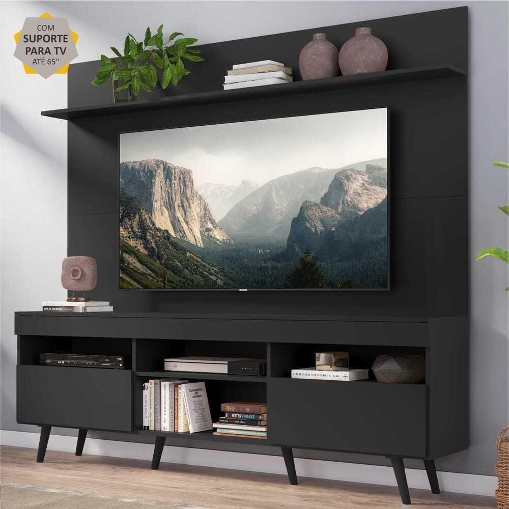 Rack c/ Painel e Suporte TV 65" Madri Multimóveis Pés Retrô e Prateleira Preto