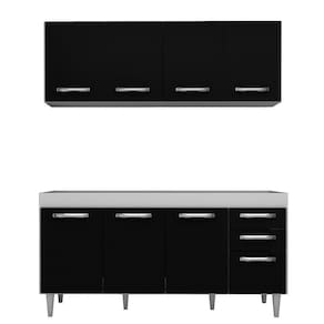 Armário Aéreo Panamá e Balcão Gabinete de Pia Áustria 160cm Branco/Preto - Lumil Móveis