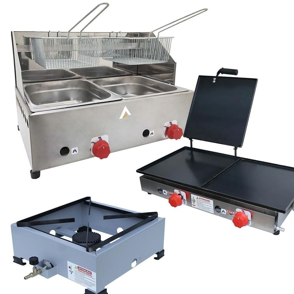 Kit Lanchonete Fogão Portátil 1 Boca + Chapa 60cm com Prensa e Fritadeira 2 Cubas 5 Litros Alcamar