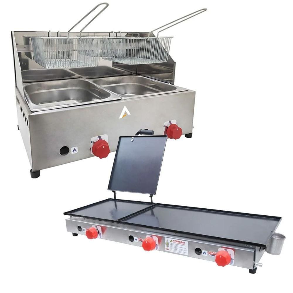 Kit Lanchonete Chapa 90cm com Prensa e Fritadeira Profissional 2 Cubas Alcamar