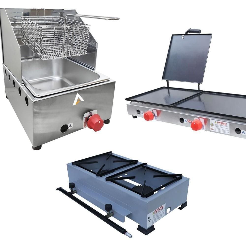 Kit Lanchonete Fogão Portátil 2 Bocas + Chapa 90cm Prensa e Fritadeira Profissional 1 Cuba Alcamar