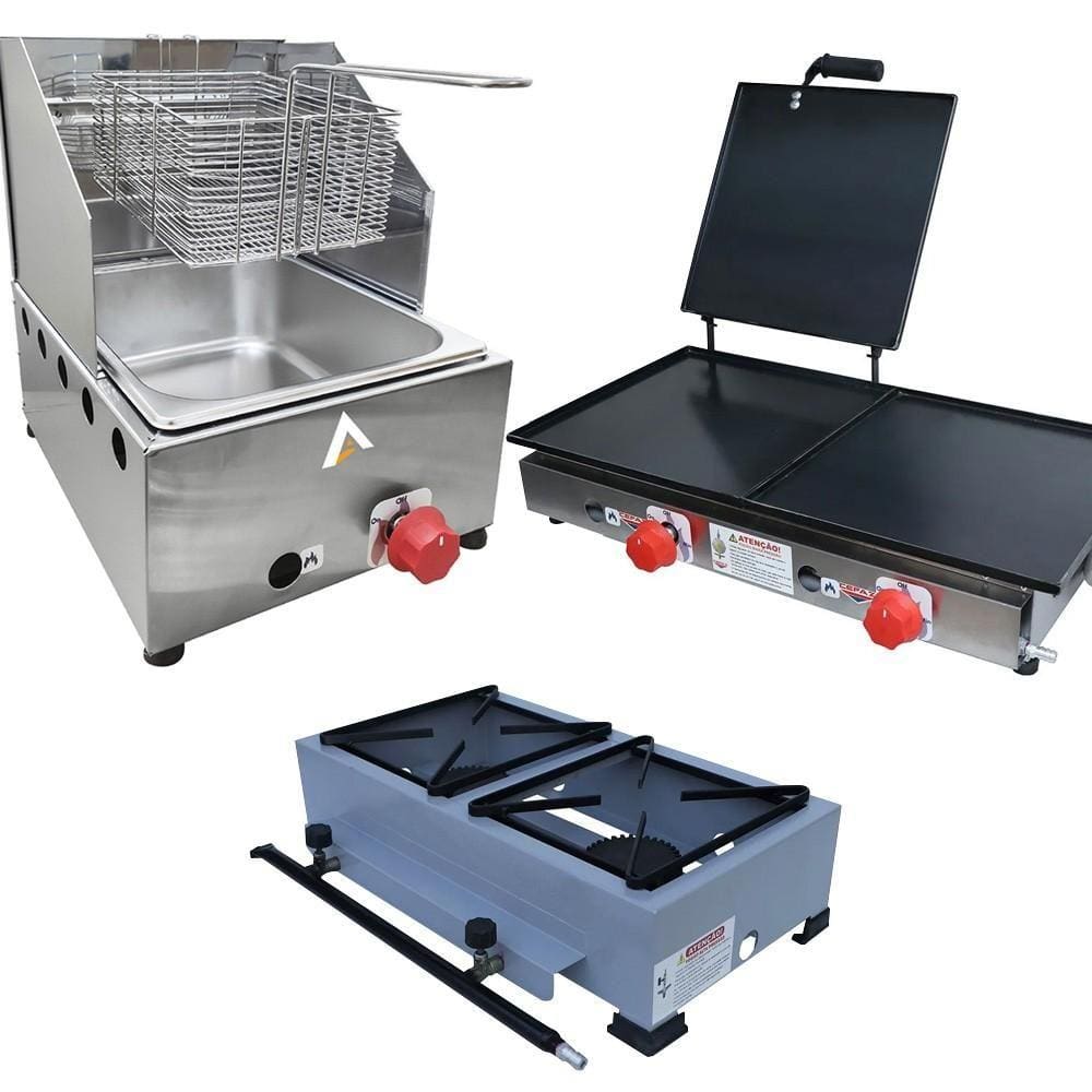 Kit Lanchonete Fogão Portátil 2 Bocas + Chapa 60cm Prensa e Fritadeira 1 Cuba 5 Litros Alcamar
