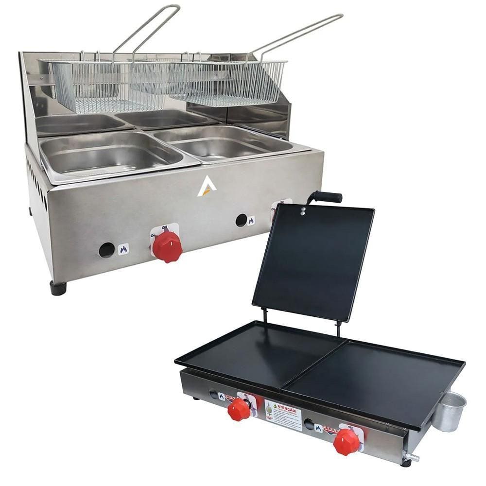Kit Lanchonete Chapa 60cm com Prensa e Fritadeira Profissional 2 Cubas Alcamar