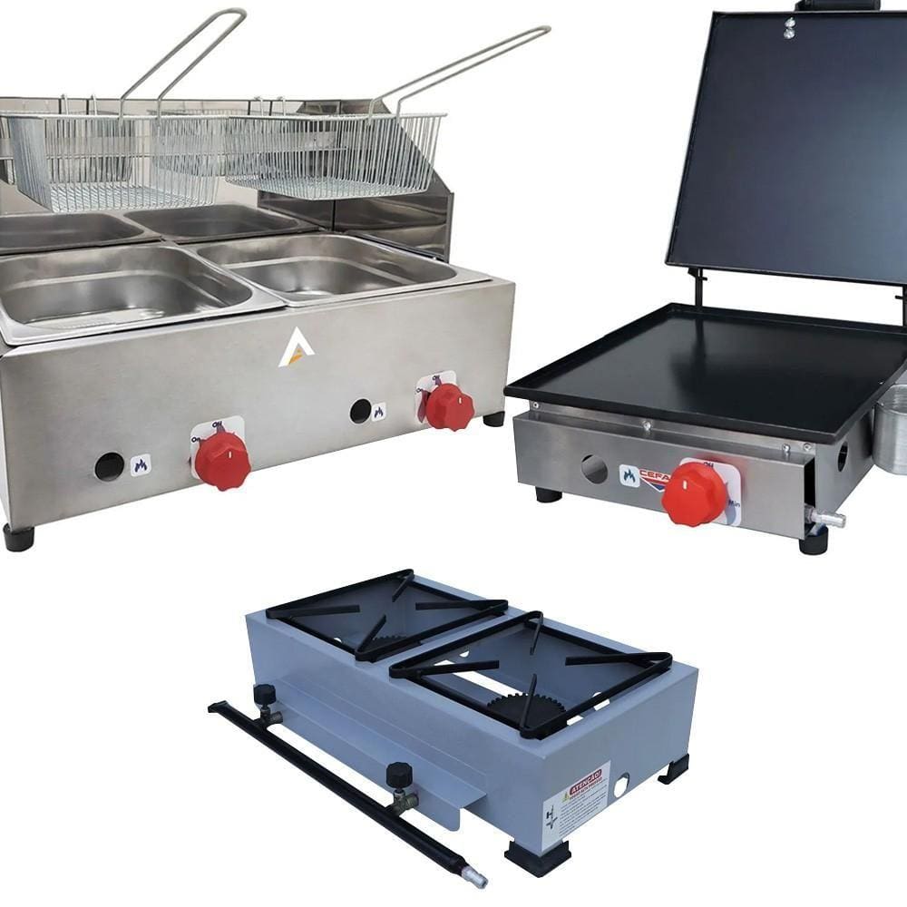 Kit Lanchonete Fogão Portátil 2 Bocas + Chapa 30cm Prensa e Fritadeira Profissional 2 Cubas Alcamar