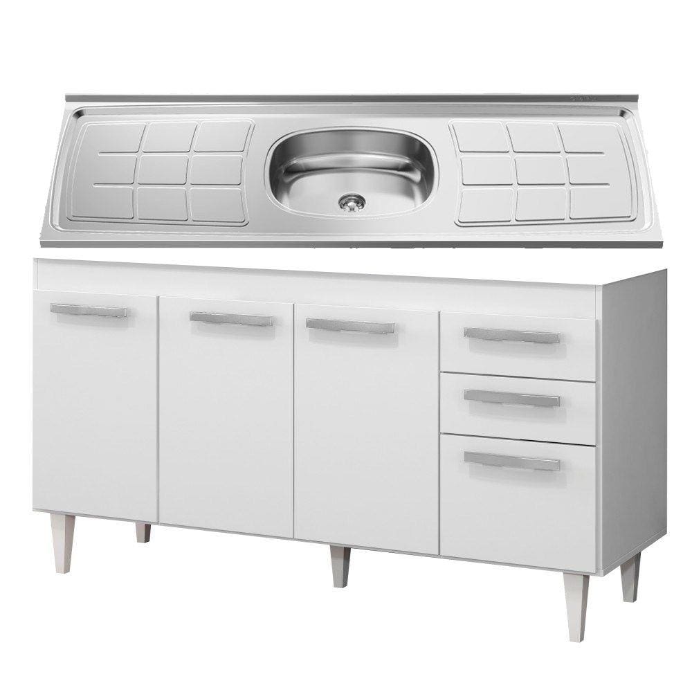 Balcão Gabinete Lis com Pia Inox 150cm 4 Portas L03 Branco - Mpozenato