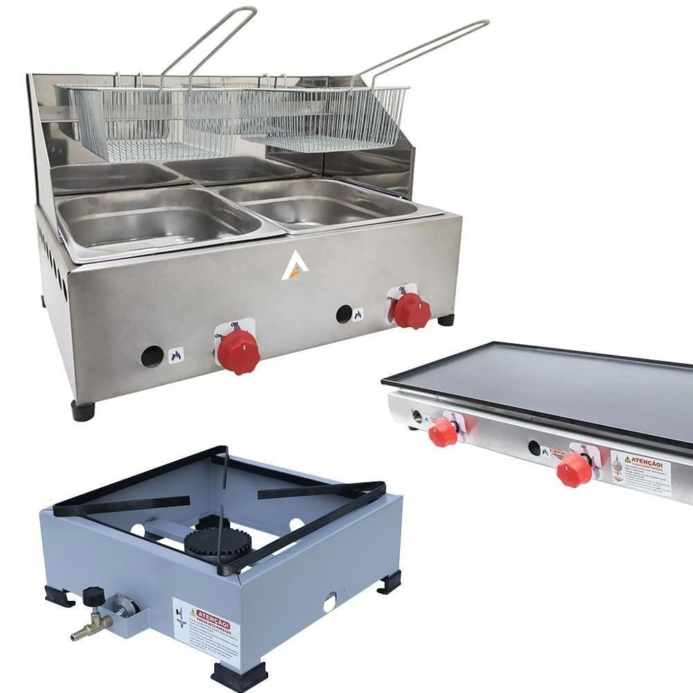 Kit Lanchonete Fogão Portátil 1 Boca + Chapa 90cm e Fritadeira Profissional 2 Cubas Alcamar