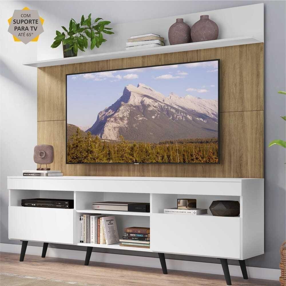 Rack com Painel e Suporte TV 65" Madri Multimóveis Branco/Rustic com Prateleira e Pés Retrô Preto