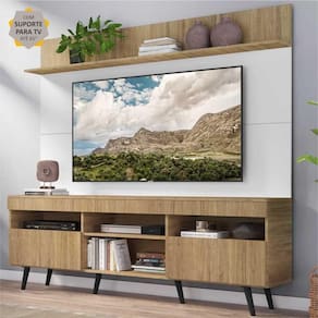Rack com Painel e Suporte TV 65" Madri Multimóveis Rustic/Branco com Prateleira e Pés Retrô Preto