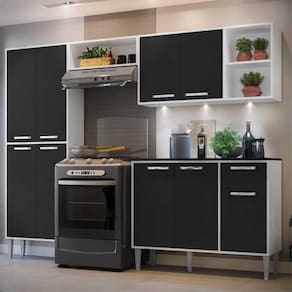 Cozinha Completa Compacta c/ 3 Leds, Armário e Balcão c/ Tampo 4 pçs Xangai Multimóveis Branca/Preta