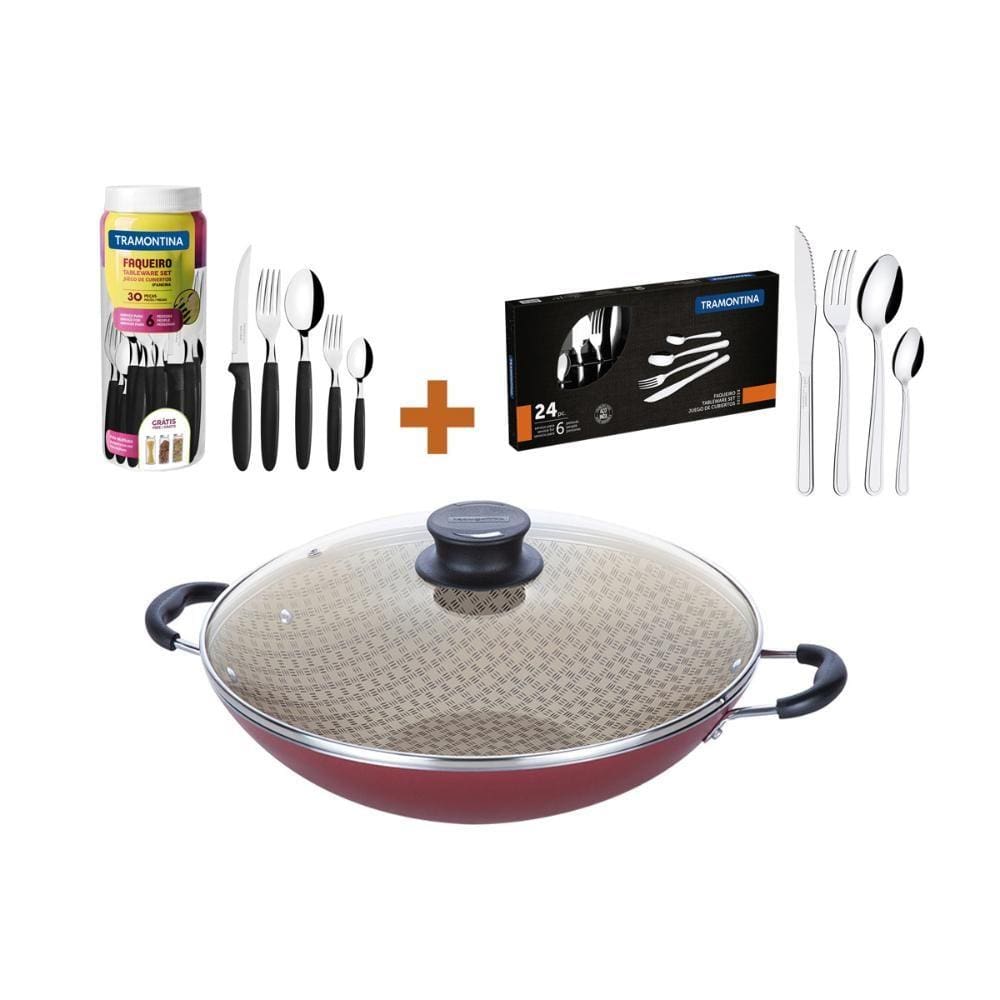 Kit - Panela Wok 6L 36 Cm Vermelho + 1 Faqueiro 30pç + 1 Faqueiro Inox 24pç - Tramontina