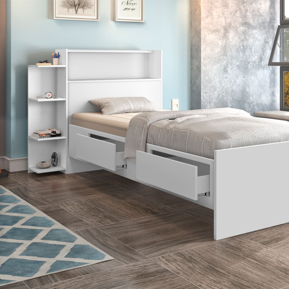 Cama Baú Solteiro com 2 Gavetas Isa Cambel Branco