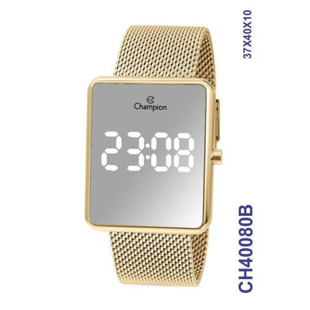 Relogio Champion Dourado Quadrado Espelhado Led Branca Ch40080b