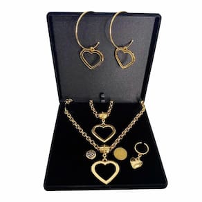 Kit Colar + Pulseira + Argolas + Anel Coração Vazado Elo Português Grosso