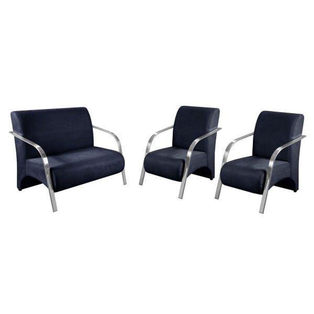 Conjunto Poltrona Decorativa Sevilha Braço Alumínio kit 3 peças Confortável Sala Suede Azul Marinho