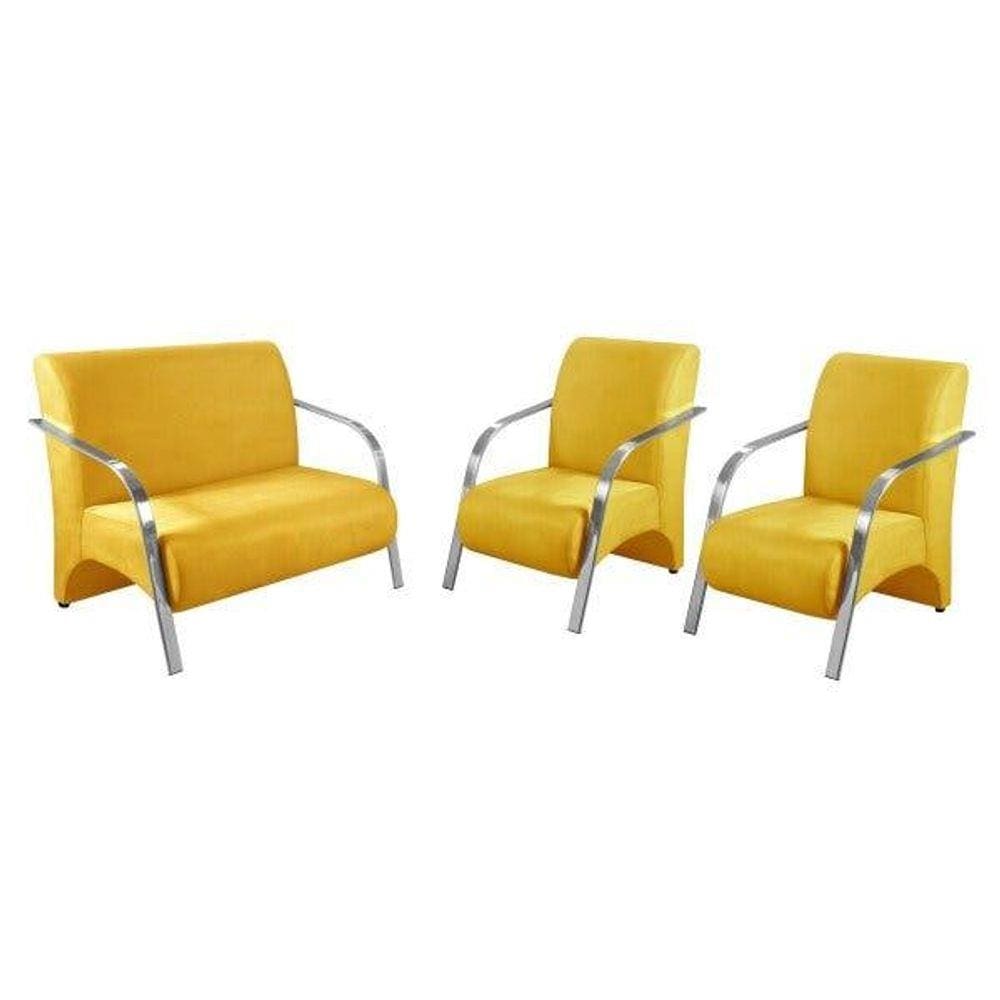 Conjunto Poltrona Decorativa Sevilha Braço Alumínio kit 3 peças Confortável Sala Suede Amarelo