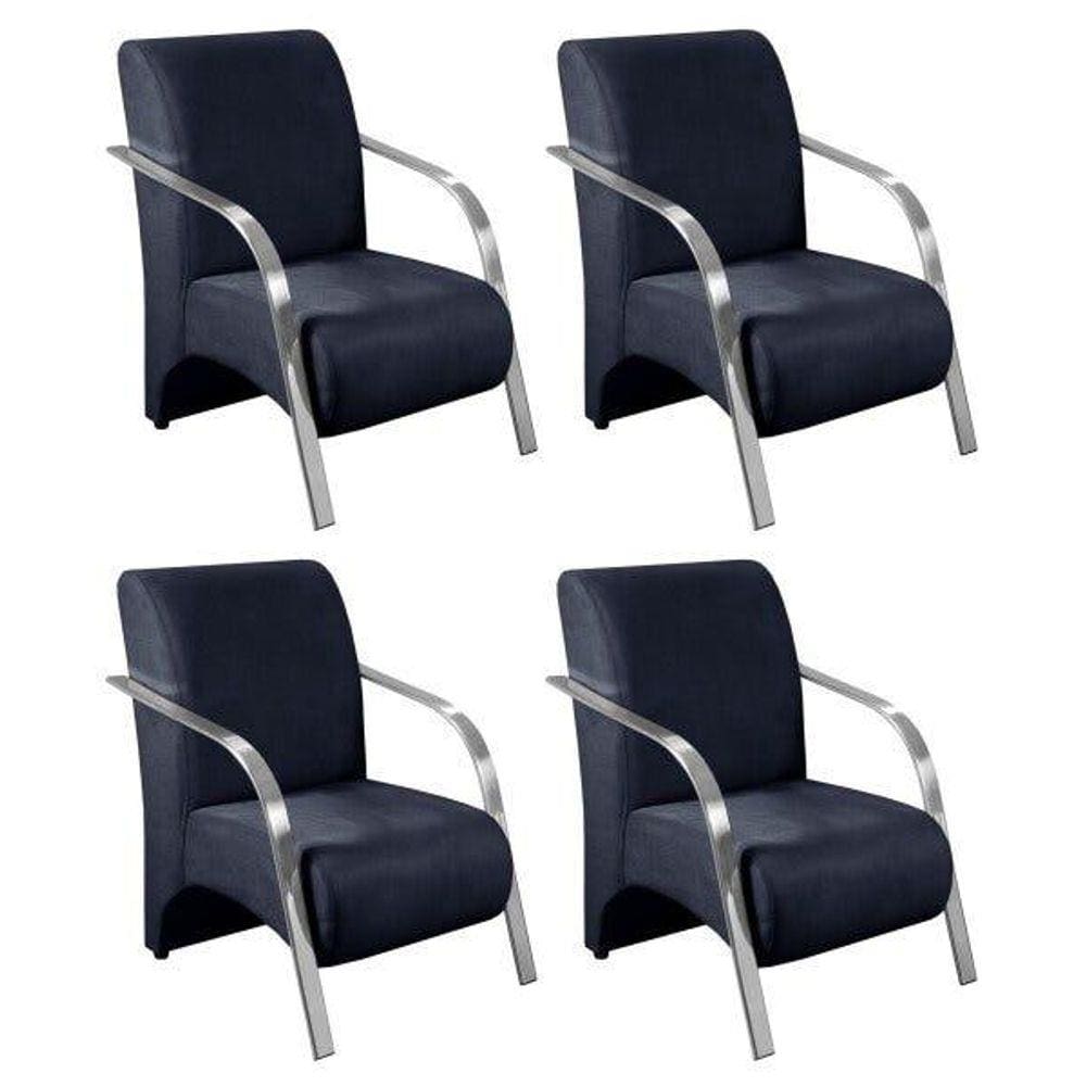 Kit 4 Poltronas Decorativas 1 Lugar Sevilha Braço Pé Alumínio Confortável Sala TV Suede Azul Marinho