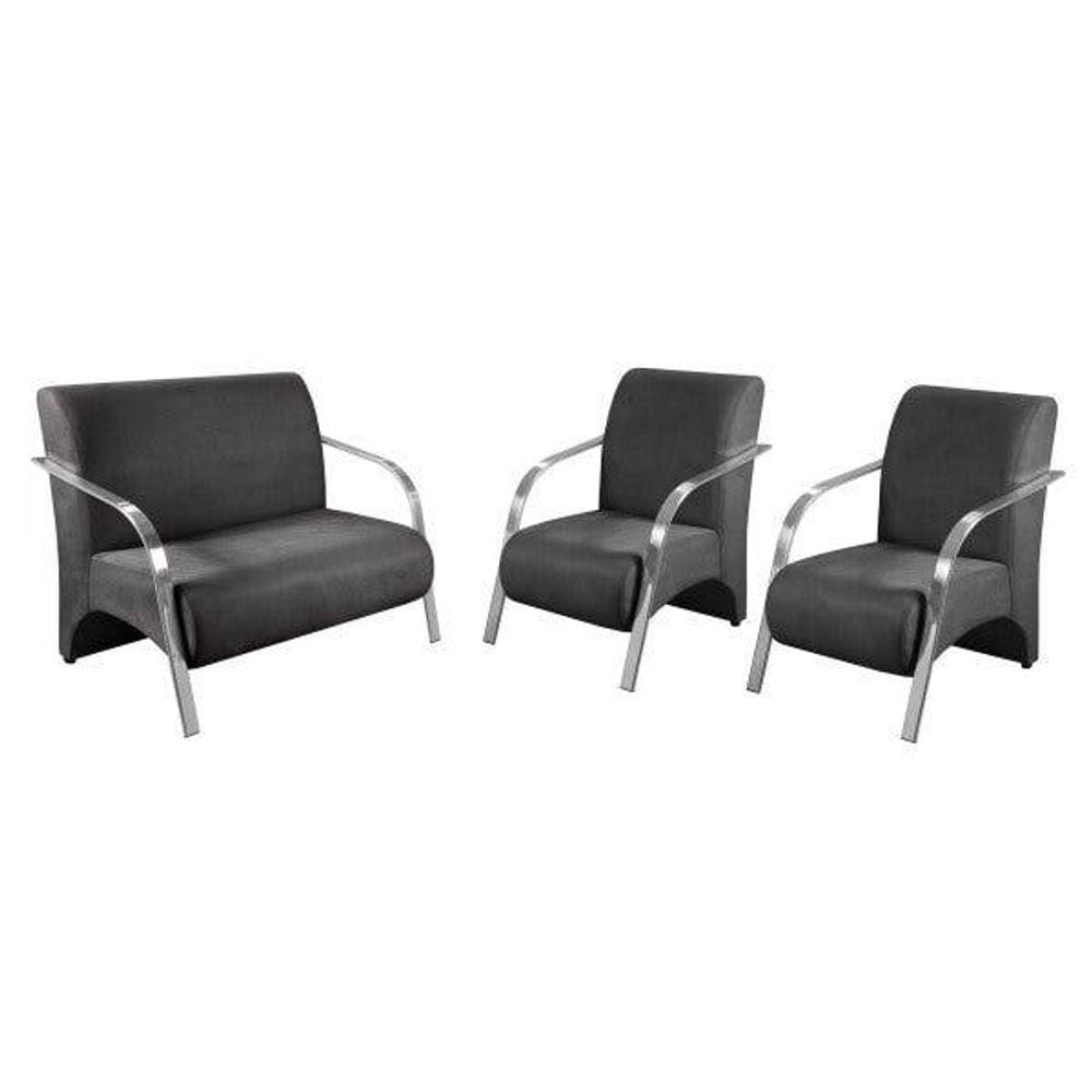 Conjunto Poltrona Decorativa Sevilha Braço Alumínio kit 3 peças Confortável Sala Suede Grafite