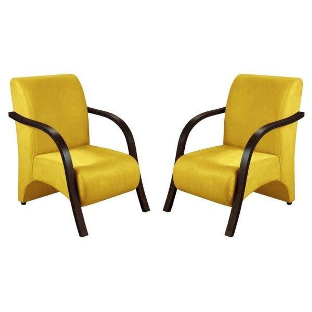 Conjunto Poltrona Decorativa Sevilha Braço Madeira Kit 3 Peças Confortável Sala Suede Amarelo